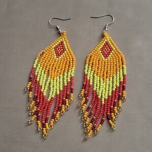 Boho red yellow & orange beaded tassel earrings